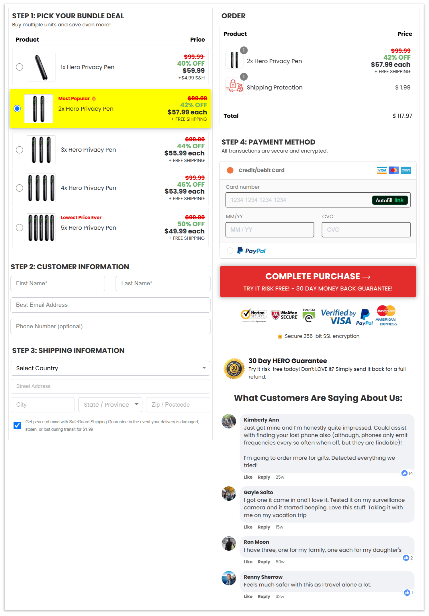 Hero Privacy Pen checkout page